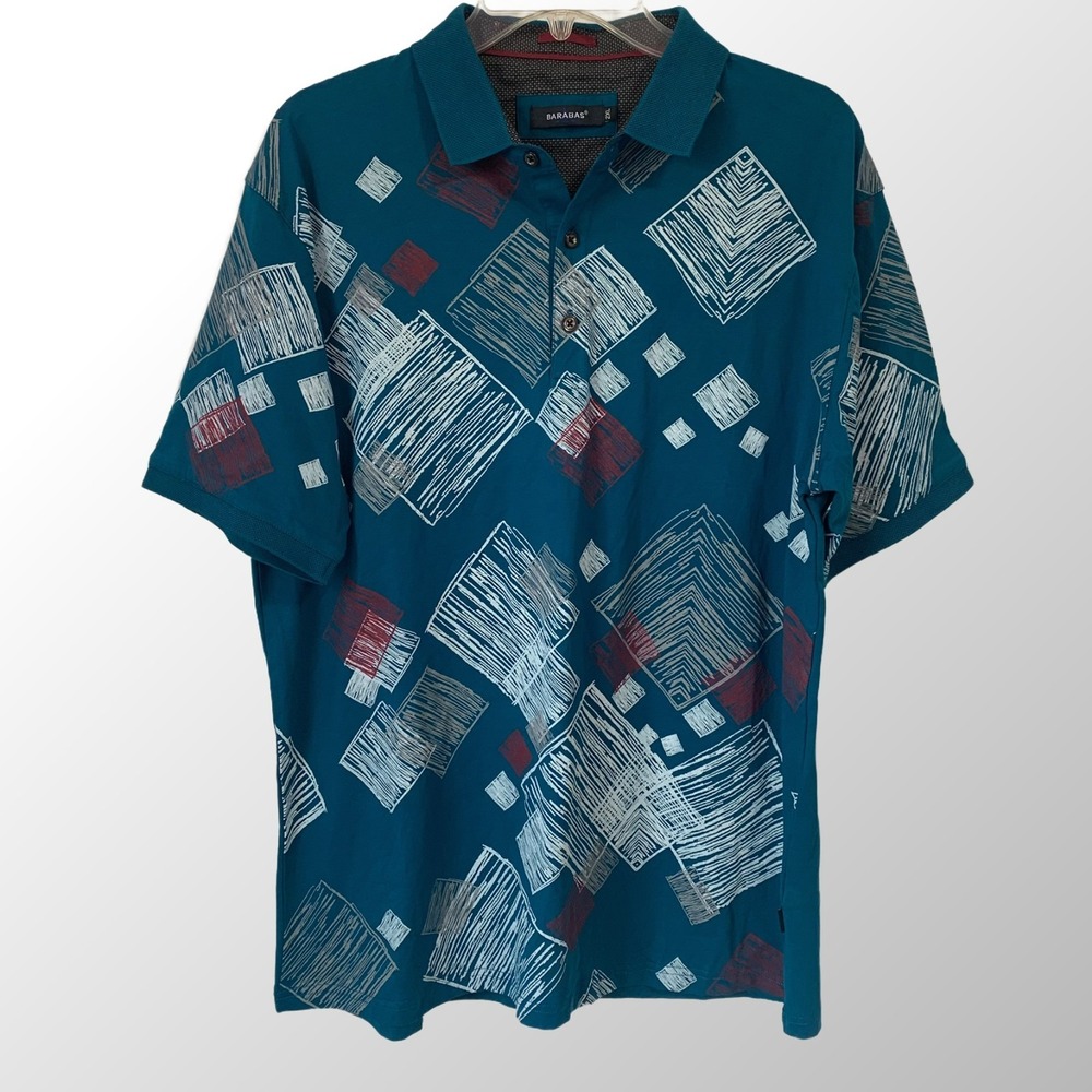 Barabas Men's 2XL‎ Polo Shirt Teal Blue White Abstract Geometric Squares Stretch